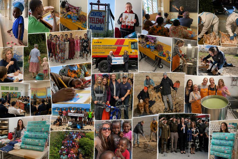 Photo collage of 2025 SOSA awardee projects — Centre Telema in Kinshasa, KNRM rescue vehicle in the Netherlands, classroom teaching, bicycle distribution, craftwork
